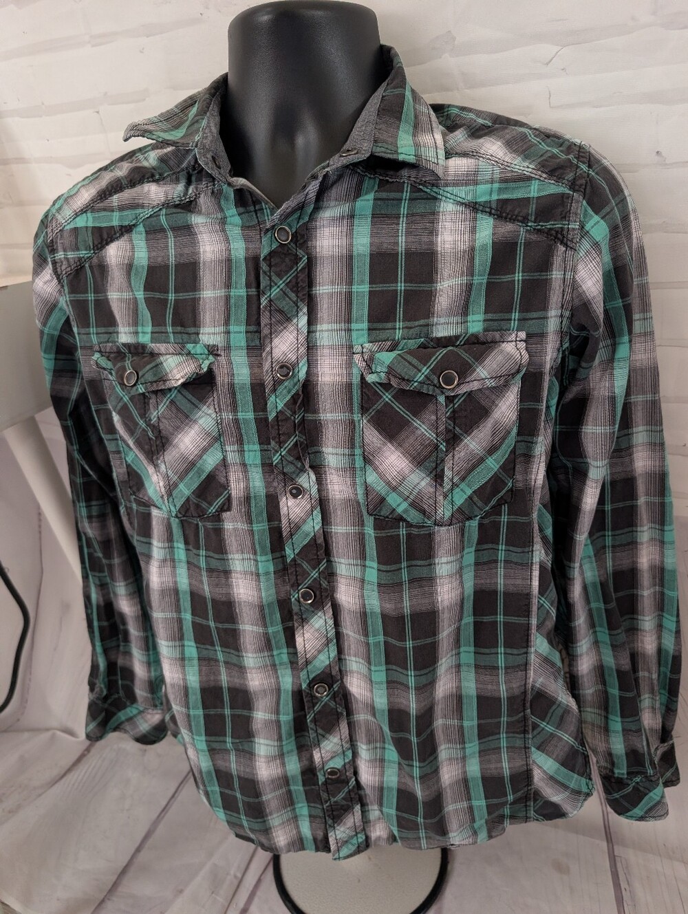 Helix Black and Teal Plaid Button-Down Shirt